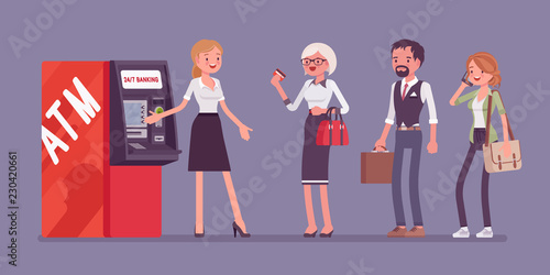 ATM line and female assistant helping clients