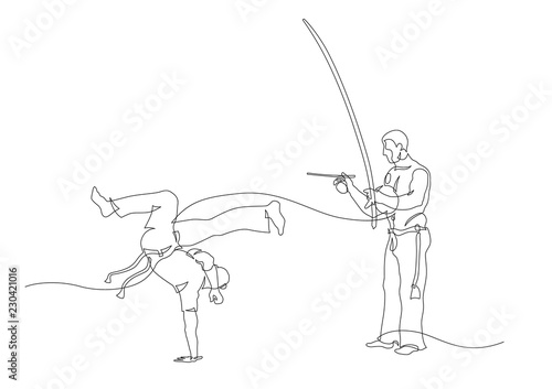Simple art line of capoeira fighter and man playing on berimbau. Contour Isolated on white. vector illustration