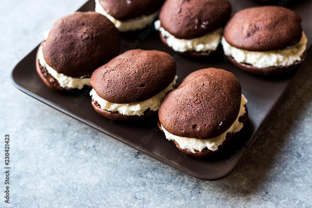 Homemade Chocolate Whoopie Pies Filled with Vanilla Butter Cream. Homemade Chocolate Whoopie Pies Filled with Vanilla Butter Cream.