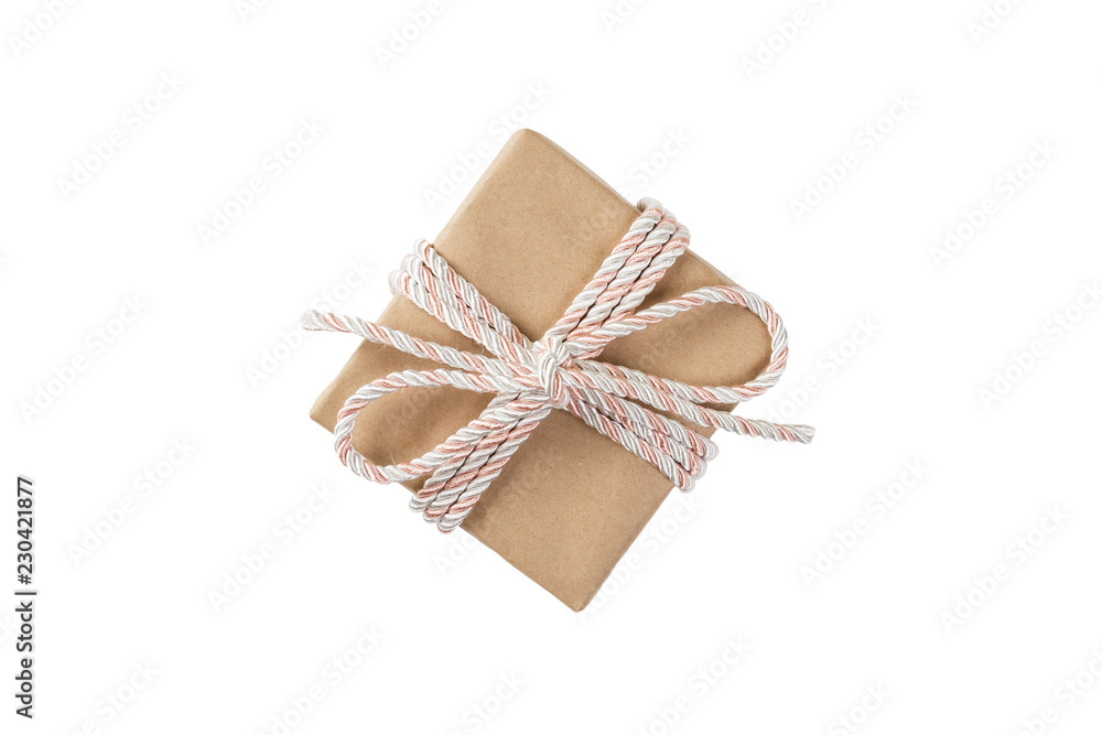 Gift box with pink ribbon isolated on white background. holiday concept you you design. top view Gift box with pink ribbon isolated on white background. holiday concept you you design. top view