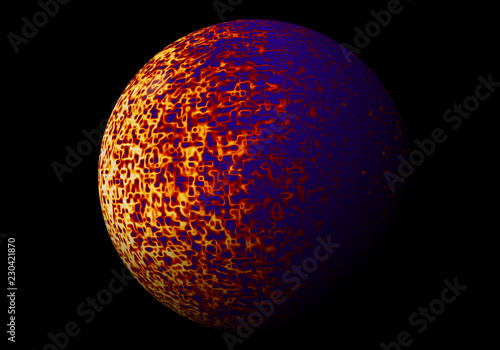 Fototapeta Naklejka Na Ścianę i Meble -  A beautiful magic sphere with a fire pattern. Fantasy planet in the middle of dark space. Technologies of fractal graphics.