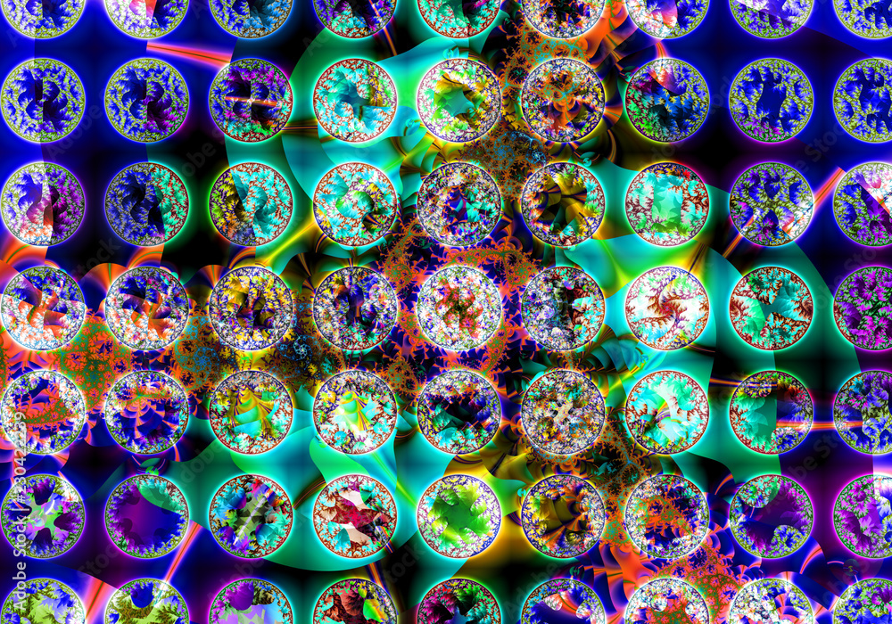 Abstract floral pattern of different fractal circles. ..Cellular structure. Bright colors and sparkling texture. Digital artwork. Fractal graphics.
