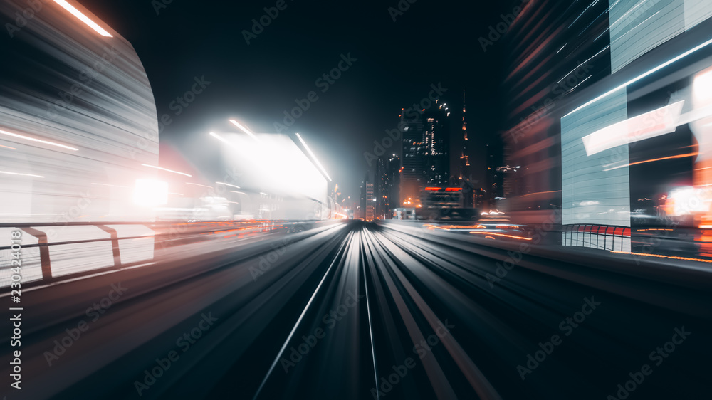 View from first railway carriage. Speed motion blur metro abstract background at night - obrazy, fototapety, plakaty 