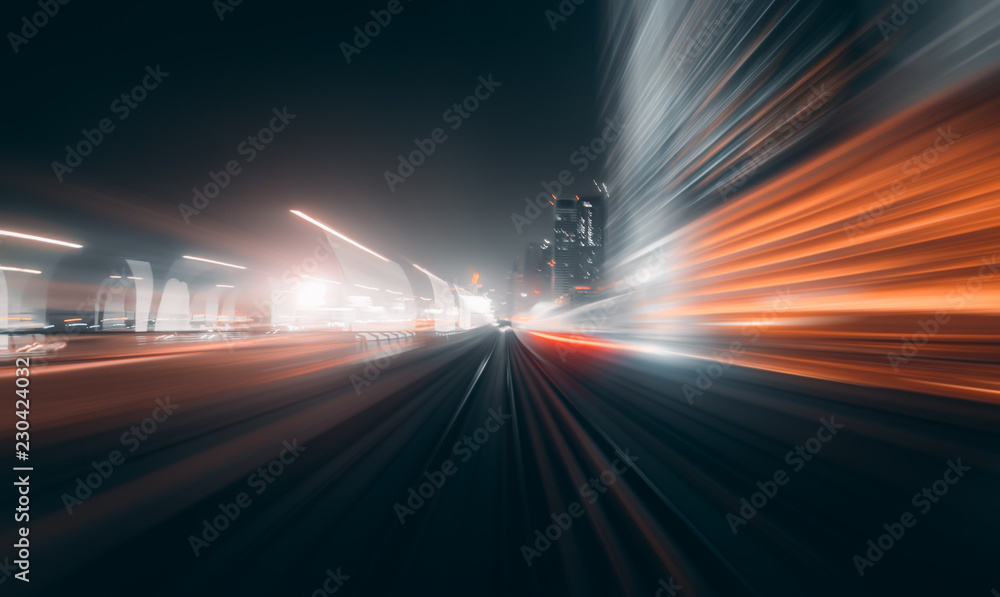 View from first railway carriage. Speed motion blur metro abstract background at night - obrazy, fototapety, plakaty 