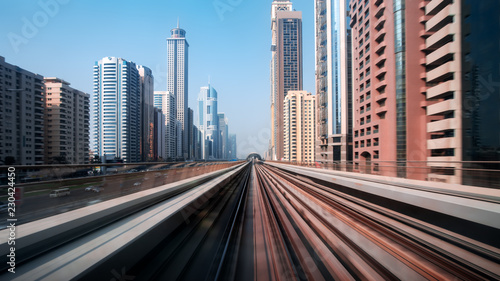 View from first railway carriage. Speed motion blur metro abstract background in the day