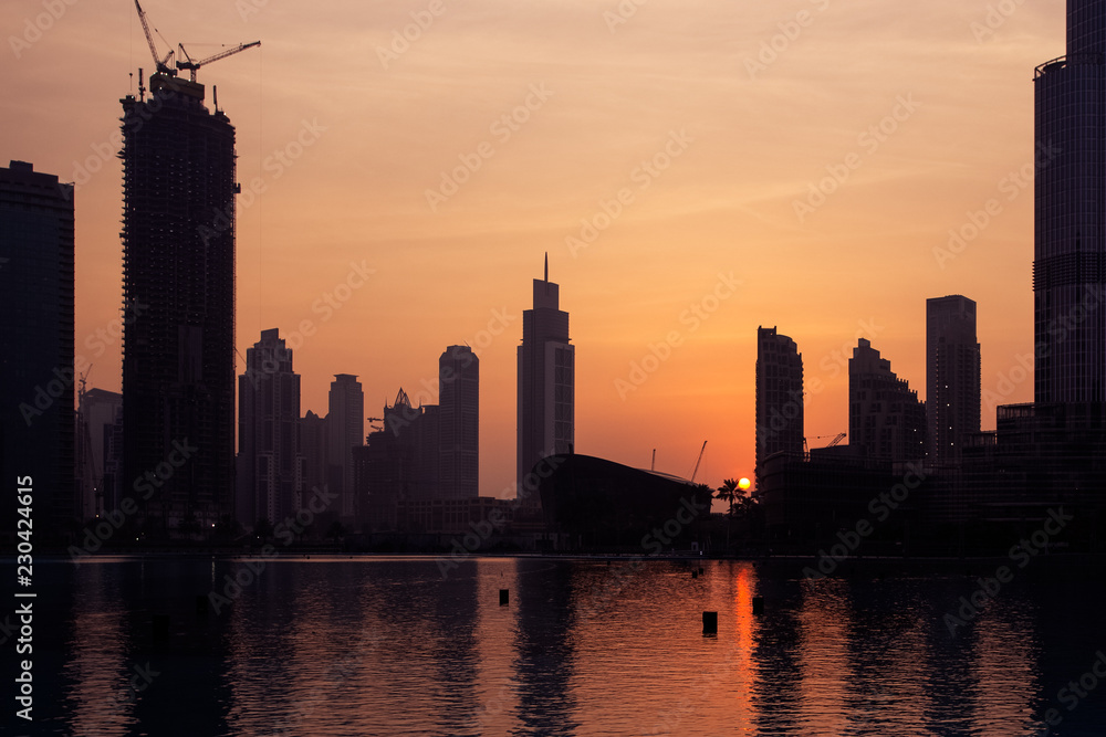Beautiful view to Dubai city downtown in the sunset, UAE