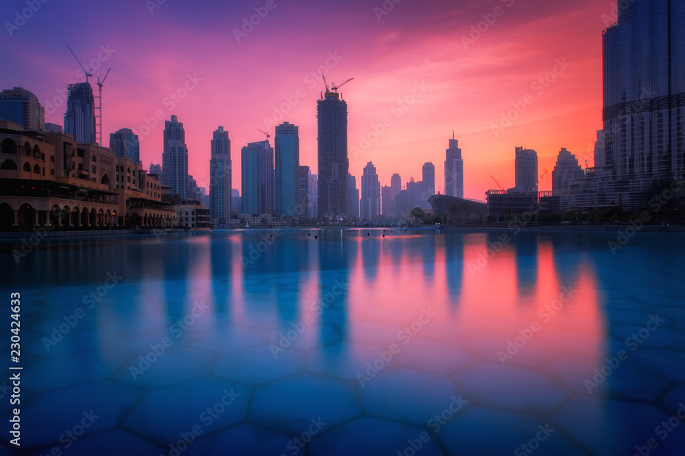 Beautiful view to Dubai city skyline downtown in the dusk, UAE