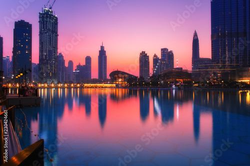Beautiful view to Dubai city skyline downtown in the dusk  UAE