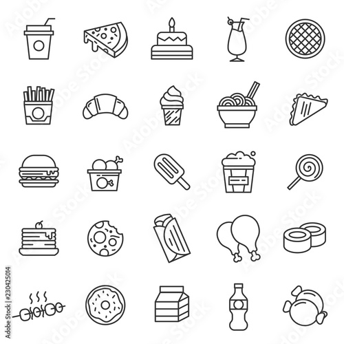 set of fast food and drink icon with simple outline and modern concept, editable stroke, junk food, restaurant cafetaria, canteen, dish,  kitchen menu, use for culinary website and infogrpahic design.