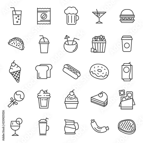 set of fast food and drink icon with simple outline and modern concept, editable stroke, junk food, restaurant cafetaria, canteen, dish,  kitchen menu, use for culinary website and infogrpahic design.