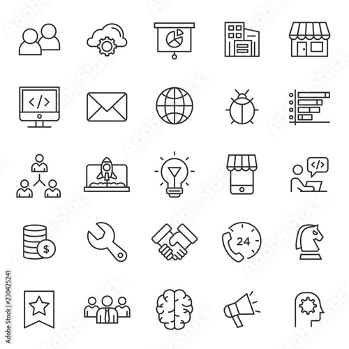 Set Of Search Engine Optimization Technology, Contain Such as Marketing, Ecommerce, Website Technology, Landing Page, Social Media Business, Editable Stroke Version with Simple Black Line Concept