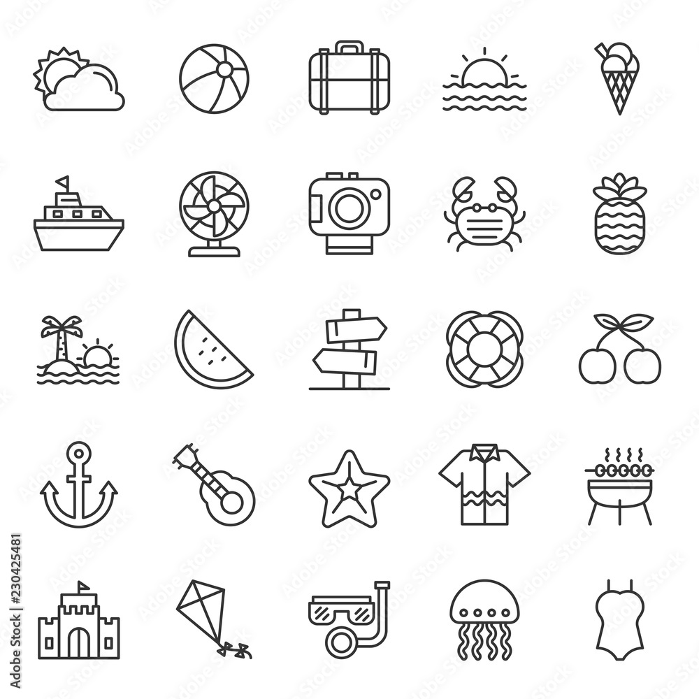 Naklejka premium set of summer holiday party icon, with simple outline and modern concept, editable stroke, use for travel reservation web assest and infographic pictogram, toursim, traveling, beach party celebrate