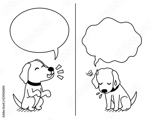 Vector cartoon character labrador dog expressing different emotions with speech bubbles for design.