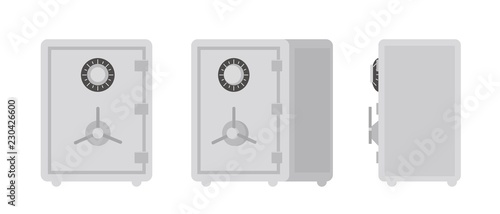 Collection of safe or strongbox isolated on white background, front and side views. Lockable box used for storing and securing money and valuable things. Vector illustration in flat cartoon style.