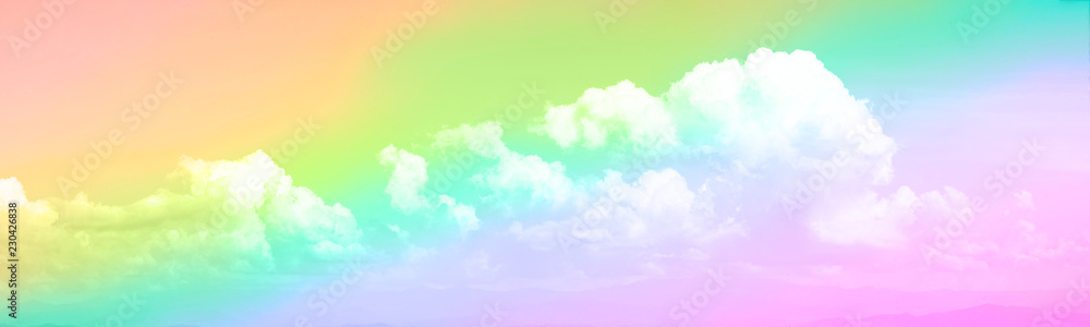 Panorama view of white soft Fluffy clouds and rainbow sky Panorama view of white soft Fluffy clouds and rainbow sky