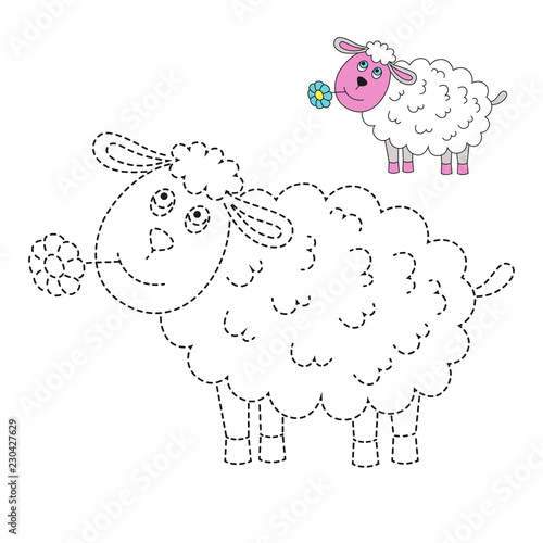 drawing worksheet for preschool kids with easy gaming level of difficulty. Simple educational game for kids. Illustration of funny sheep eating a flower for toddlers photo