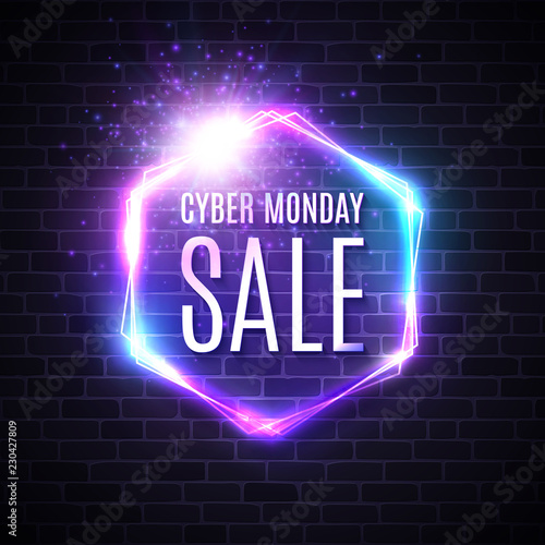Cyber monday background with neon light vintage frame. Hexagon logo on blue dark brick wall. 3d geometric shapes vector street sign. Discount card for sale event Cyber monday vector text. Illustration