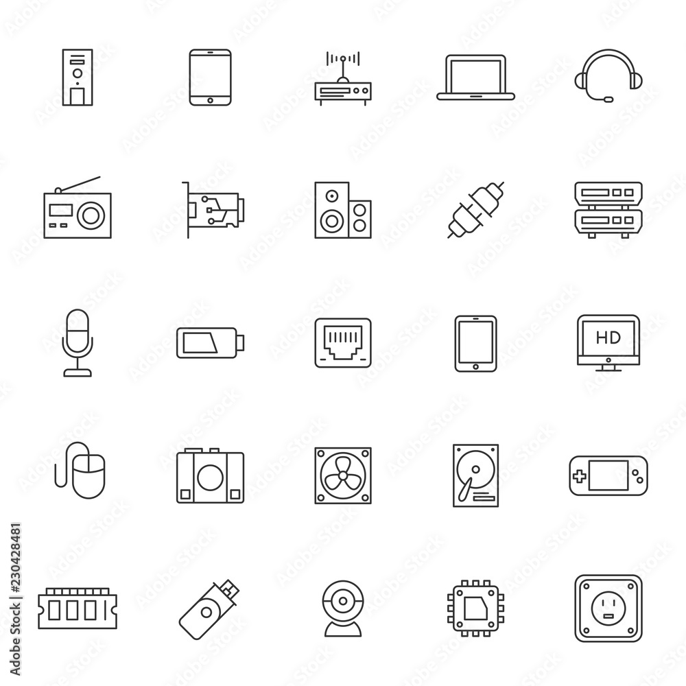 set of hardware device technology icons with simple style and editable stroke
