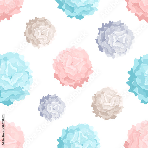 Modern seamless pattern with colorful pom poms of different size
