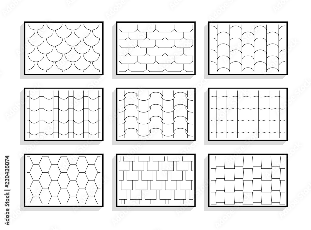 © UltimaSperanza - Set of seamless roof tiles textures. Black and white graphic patterns of architectural materials