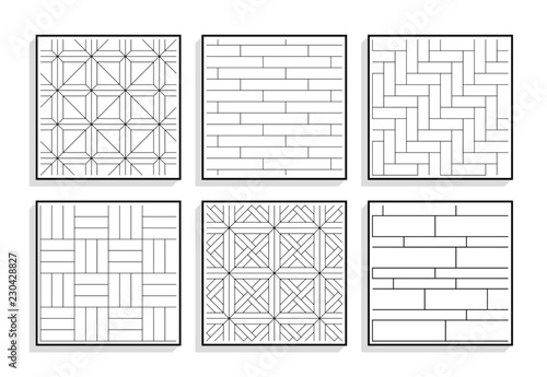 Set of seamless parquet textures. Black and white graphic patterns of wood materials