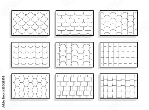 Set of seamless roof tiles textures. Black and white graphic patterns of architectural materials
