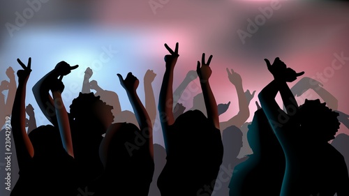 Silhouettes of young people dancing in club. Vector illustration.