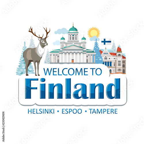 Finland emblem lettering illustration with traditional national symbols of the country