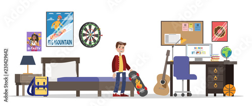 Child standing in his room with skateboard.