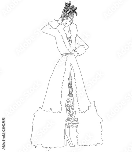 Beautiful retro style woman. Vector illustration. Vintage girl in winter fur coat. Adult anti-stress coloring.