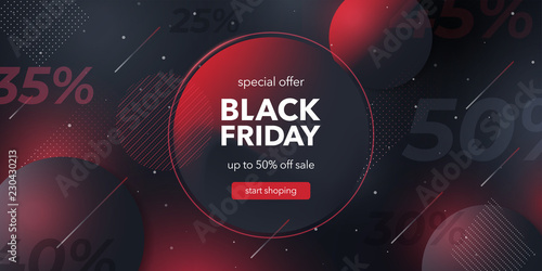 Black friday special offer. Social media web banner for shopping, sale, product promotion.  Background for website and mobile app banner, email. Vector illustration in black and red colors.