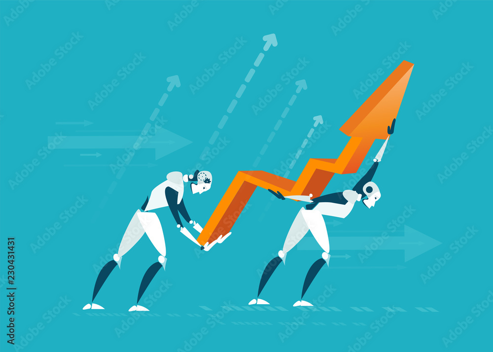 Two robots caring growth up arrow Two robots caring growth up arrow