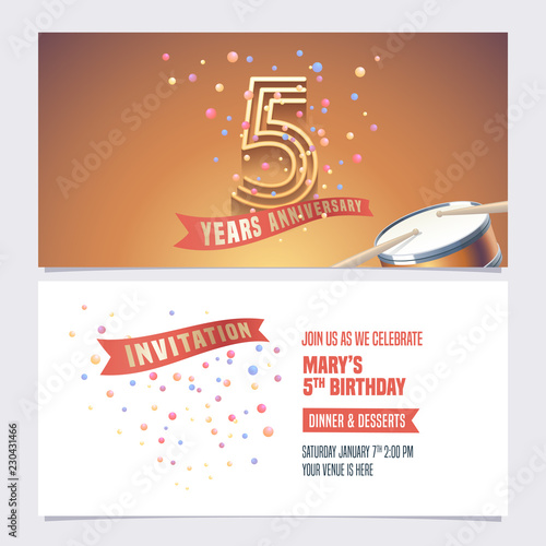 5 years anniversary invite vector illustration. Design element