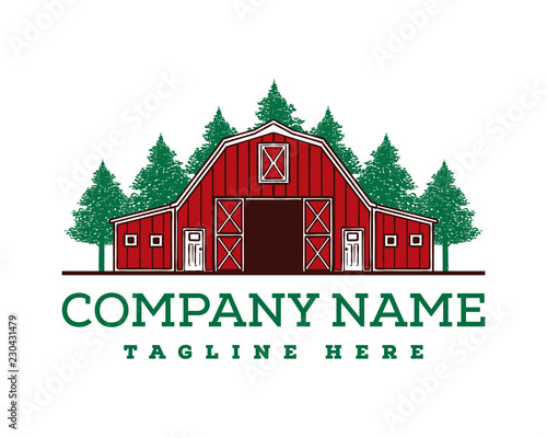 Hand Drawing Vector Red Barn on the Farm Fields with Pine Tree Forest Sign Symbol Icon Logo Template Design Inspiration
