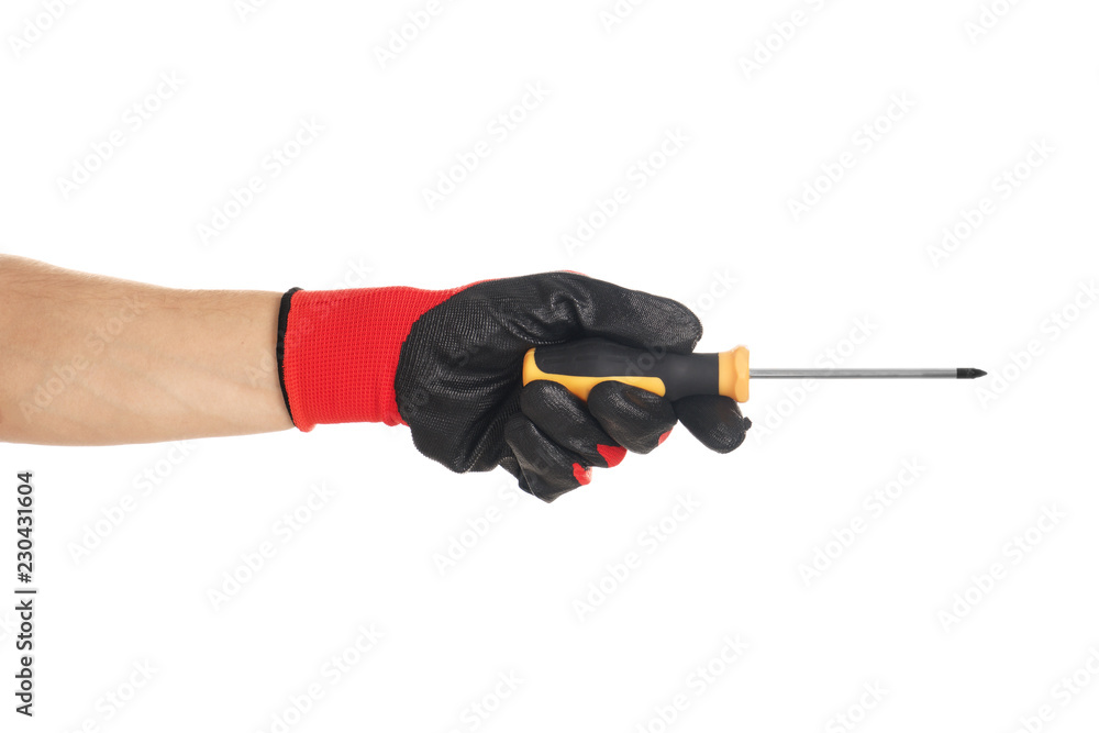 Screwdriver in male hand isolated on white Screwdriver in male hand isolated on white