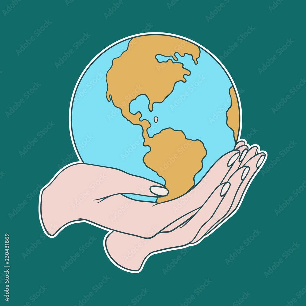 Two hands holding the planet Earth. Flat cartoon vector illustration on ...