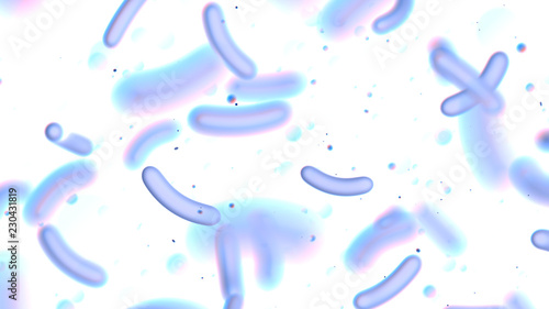 Bacteria under the microscope. Escherichia. E. coli. Isolated on white background with blurred particles. Close up. 3D rendering photo