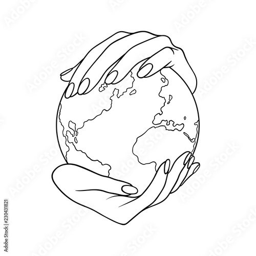 Two hands holding the planet  Earth. Lineart  vector illustration without backgrond. Can be used like a poster, symbol or icon for Earth day or Peace day or others.