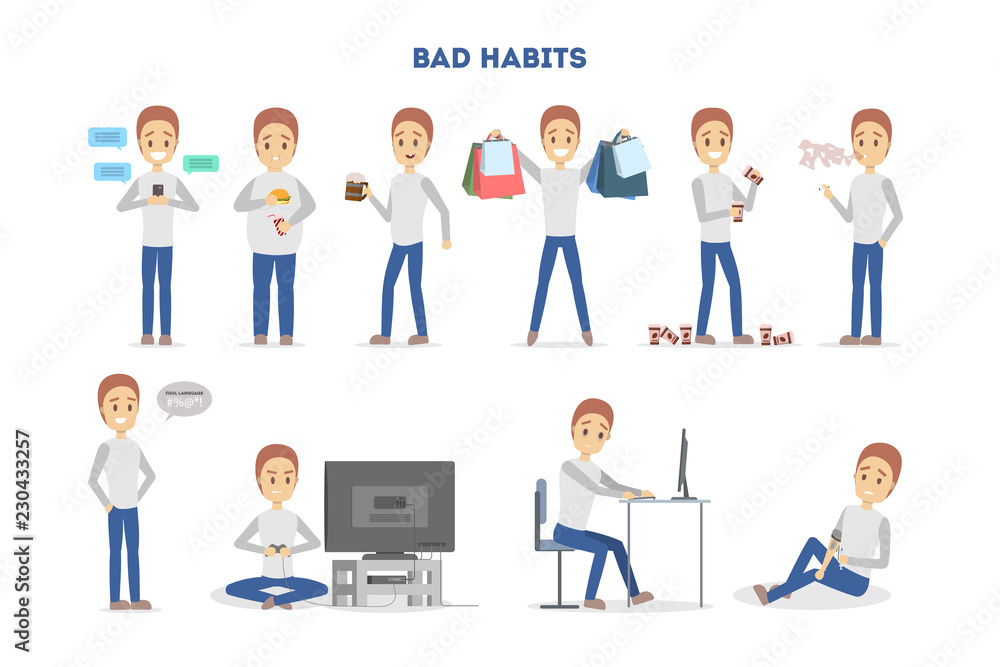 Man with a bad habits set. Alcohol and coffee addiction Man with a bad habits set. Alcohol and coffee addiction