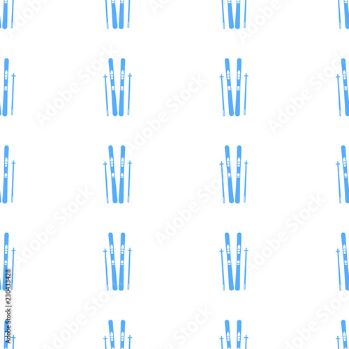 Seamless pattern with blue skis on the white background.