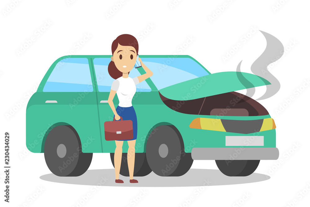 Woman standing at the broken car and calling