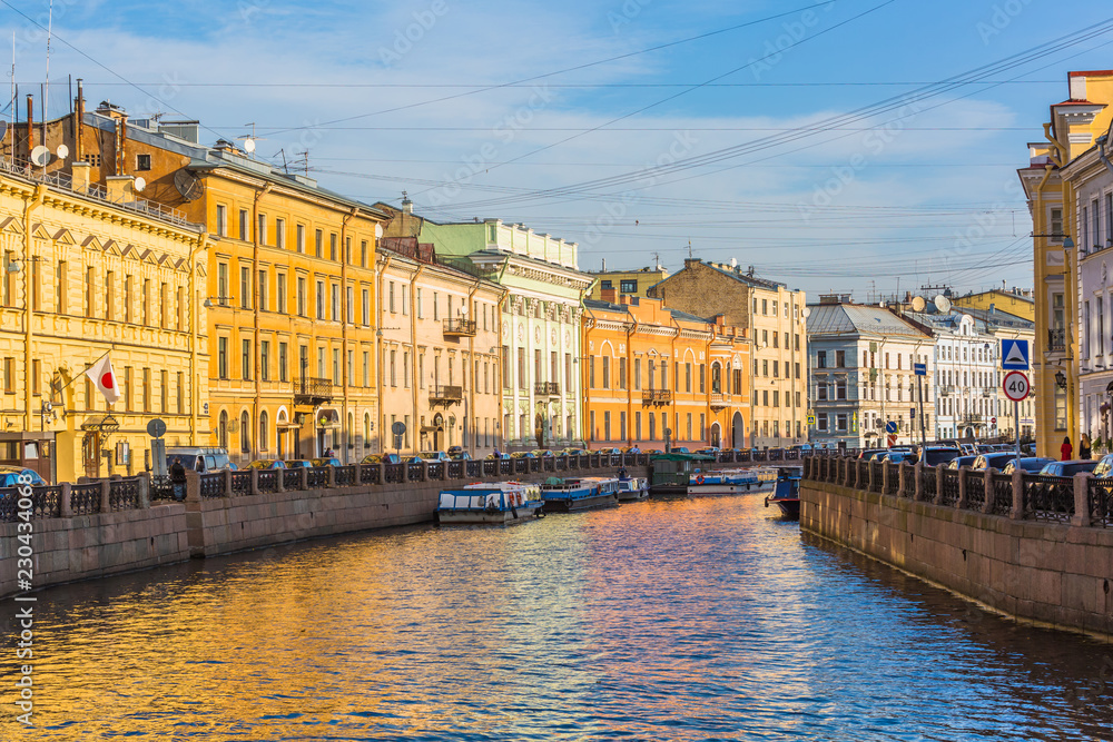 Embankment of the Moyka River in Saint Petersburg, St. Peterburg, Russia.