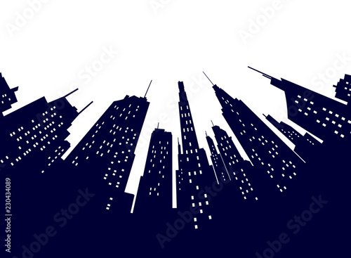Night modern city street low perspective view. Vintage travel poster flat illustration. Night panorama.
