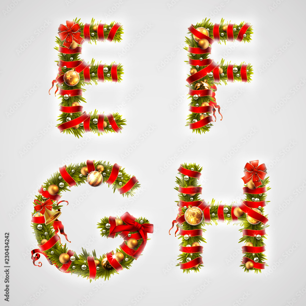 Christmas font. Four letters EFGH of Christmas tree branches, decorated with a red ribbon and golden balls. Highly realistic illustration Christmas font. Four letters EFGH of Christmas tree branches, decorated with a red ribbon and golden balls. Highly realistic illustration