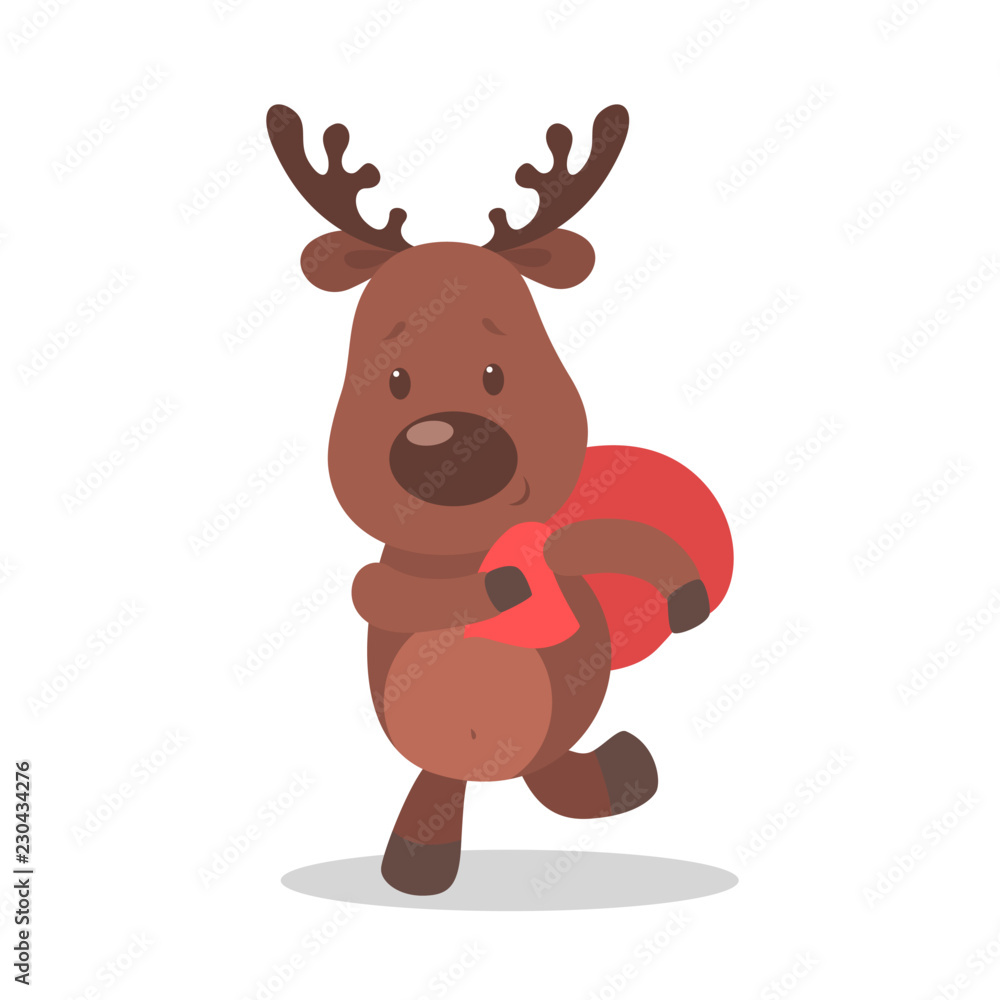 Fototapeta premium Cute christmas brown reindeer with a gift bag