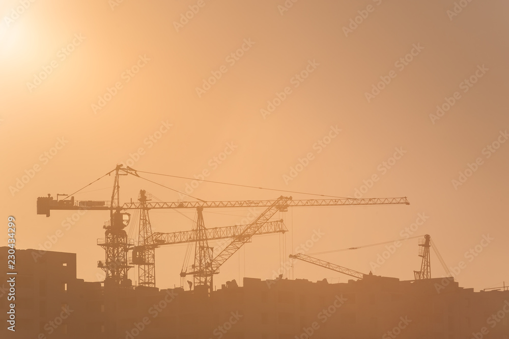 Building construction site and cranes