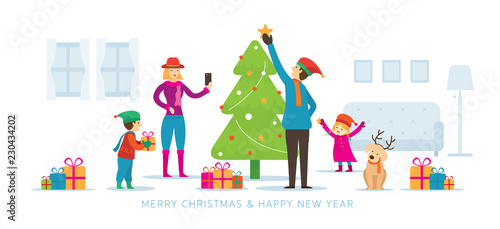Family Decorating Christmas Tree, Father, Mother, Boy, Girl and Dog, Room Background