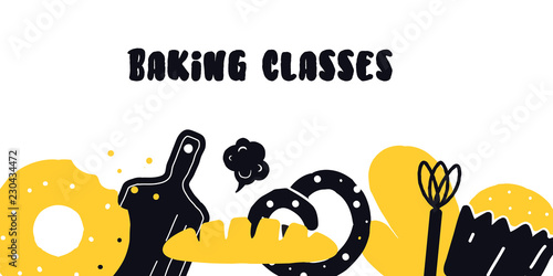 Baking classes. banner. Illustration of bakery and cooking utensils.