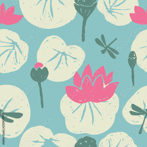 Lotus. Seamless pattern with hand drawn elements. Vector design.