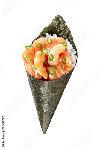 Delicious Salmon and Shrimp Temaki Hand Roll with Chives